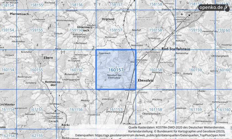 Übersichtskarte des KOSTRA-DWD-2020-Rasterfeldes Nr. 160157