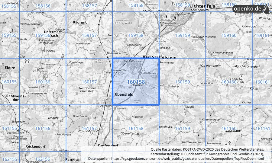 Übersichtskarte des KOSTRA-DWD-2020-Rasterfeldes Nr. 160158