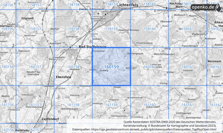 Übersichtskarte des KOSTRA-DWD-2020-Rasterfeldes Nr. 160159