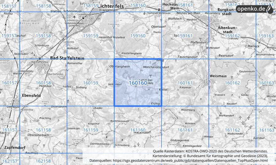 Übersichtskarte des KOSTRA-DWD-2020-Rasterfeldes Nr. 160160