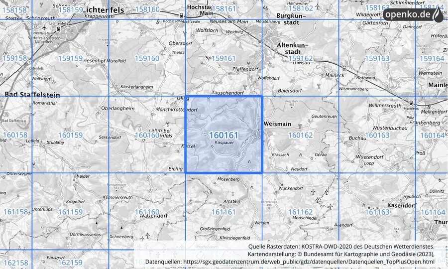 Übersichtskarte des KOSTRA-DWD-2020-Rasterfeldes Nr. 160161