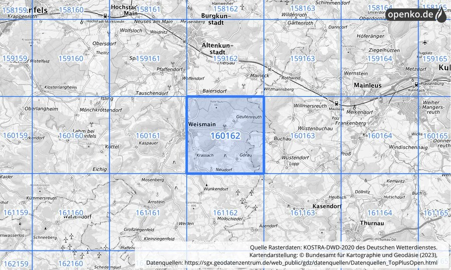 Übersichtskarte des KOSTRA-DWD-2020-Rasterfeldes Nr. 160162