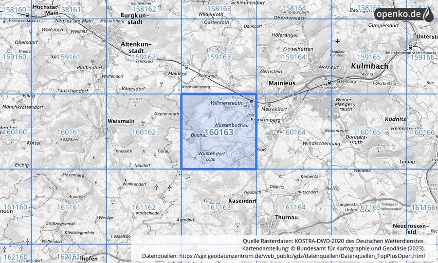 Übersichtskarte des KOSTRA-DWD-2020-Rasterfeldes Nr. 160163