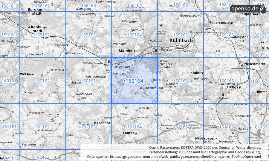 Übersichtskarte des KOSTRA-DWD-2020-Rasterfeldes Nr. 160164