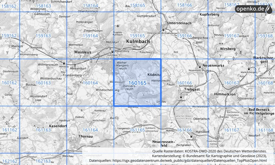 Übersichtskarte des KOSTRA-DWD-2020-Rasterfeldes Nr. 160165