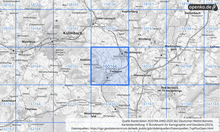 Übersichtskarte des KOSTRA-DWD-2020-Rasterfeldes Nr. 160166