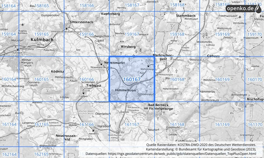 Übersichtskarte des KOSTRA-DWD-2020-Rasterfeldes Nr. 160167