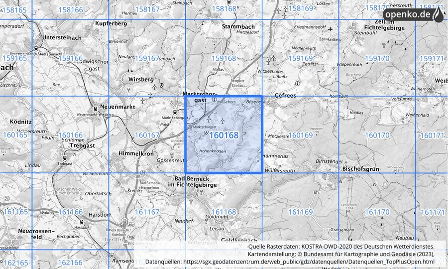 Übersichtskarte des KOSTRA-DWD-2020-Rasterfeldes Nr. 160168