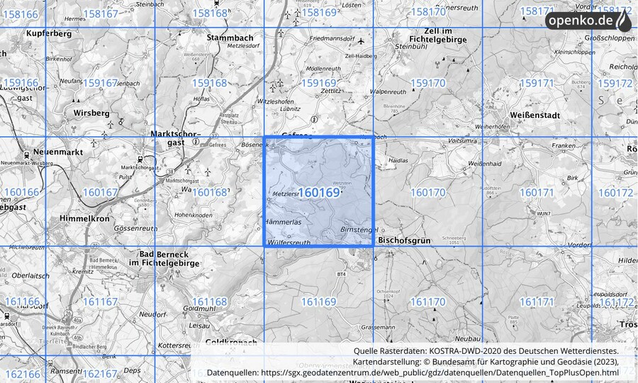 Übersichtskarte des KOSTRA-DWD-2020-Rasterfeldes Nr. 160169