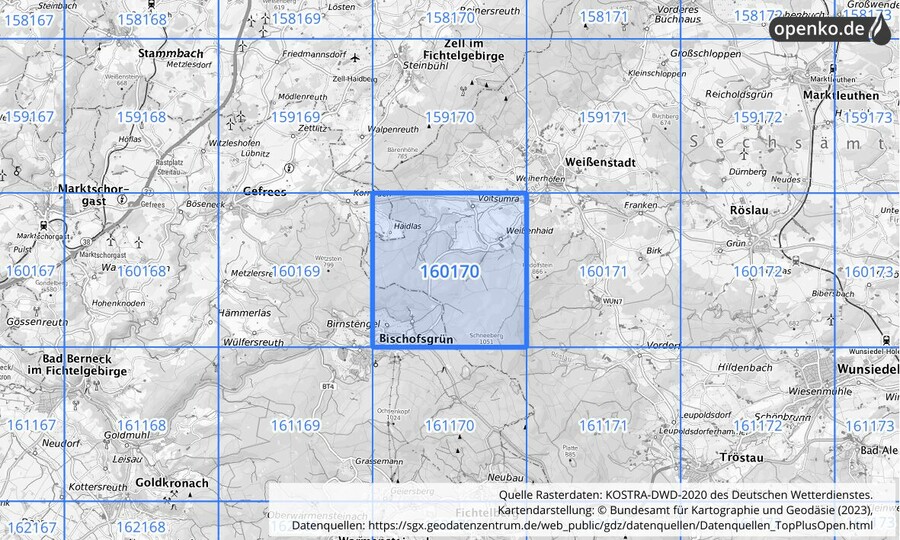 Übersichtskarte des KOSTRA-DWD-2020-Rasterfeldes Nr. 160170