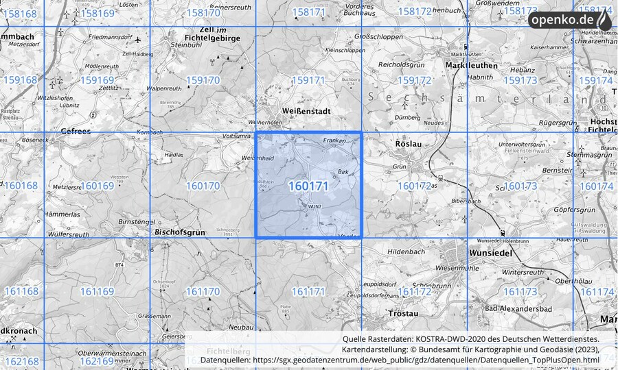 Übersichtskarte des KOSTRA-DWD-2020-Rasterfeldes Nr. 160171
