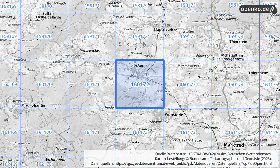 Übersichtskarte des KOSTRA-DWD-2020-Rasterfeldes Nr. 160172