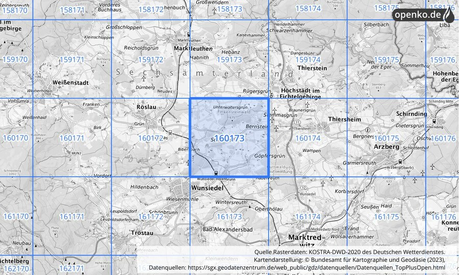 Übersichtskarte des KOSTRA-DWD-2020-Rasterfeldes Nr. 160173