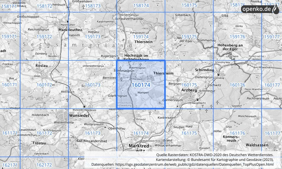 Übersichtskarte des KOSTRA-DWD-2020-Rasterfeldes Nr. 160174