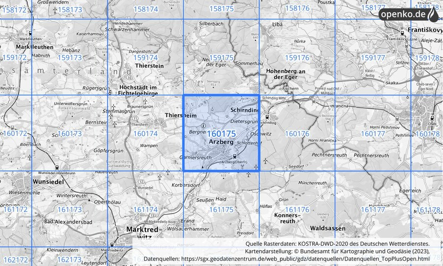 Übersichtskarte des KOSTRA-DWD-2020-Rasterfeldes Nr. 160175