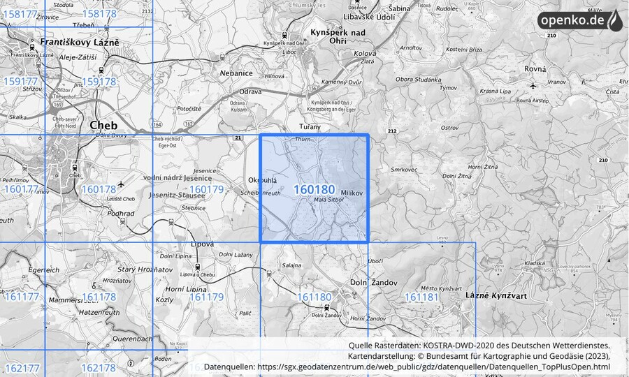 Übersichtskarte des KOSTRA-DWD-2020-Rasterfeldes Nr. 160180