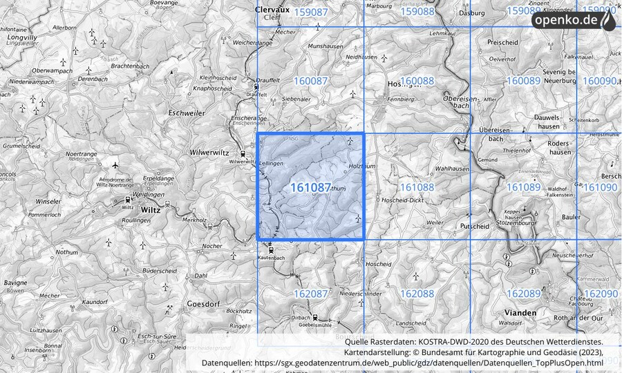 Übersichtskarte des KOSTRA-DWD-2020-Rasterfeldes Nr. 161087