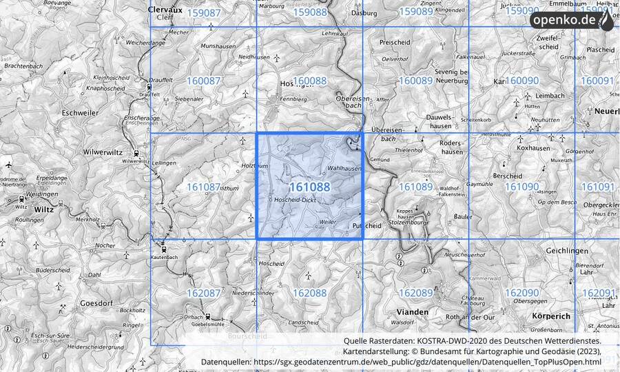 Übersichtskarte des KOSTRA-DWD-2020-Rasterfeldes Nr. 161088
