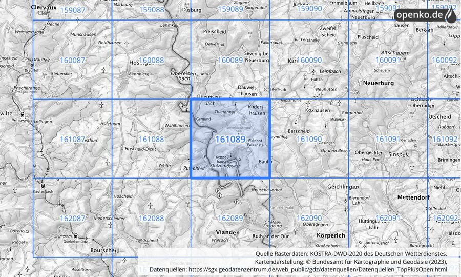 Übersichtskarte des KOSTRA-DWD-2020-Rasterfeldes Nr. 161089