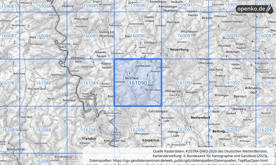 Übersichtskarte des KOSTRA-DWD-2020-Rasterfeldes Nr. 161090