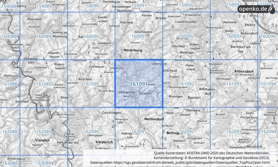 Übersichtskarte des KOSTRA-DWD-2020-Rasterfeldes Nr. 161091