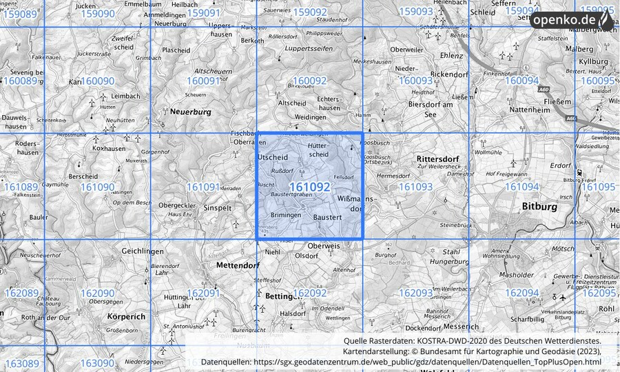 Übersichtskarte des KOSTRA-DWD-2020-Rasterfeldes Nr. 161092