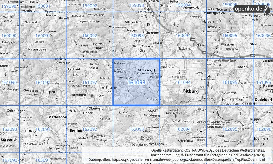 Übersichtskarte des KOSTRA-DWD-2020-Rasterfeldes Nr. 161093