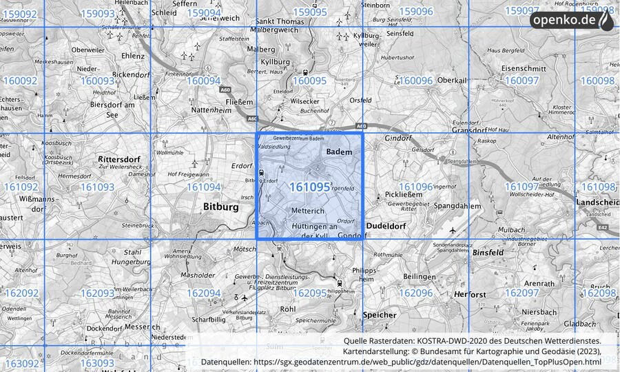 Übersichtskarte des KOSTRA-DWD-2020-Rasterfeldes Nr. 161095
