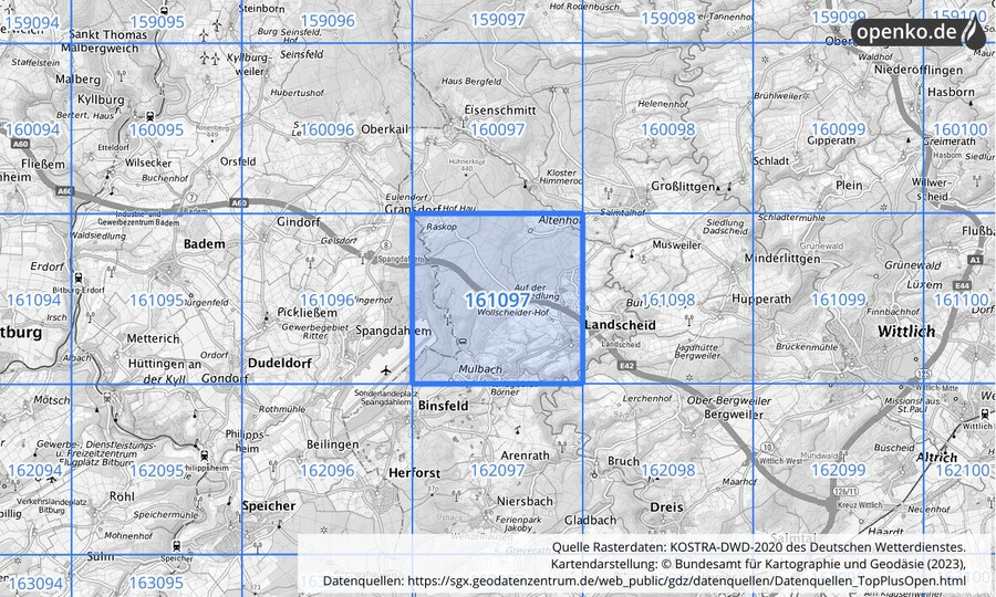 Übersichtskarte des KOSTRA-DWD-2020-Rasterfeldes Nr. 161097