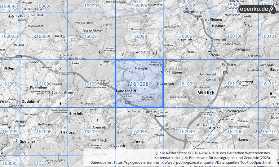 Übersichtskarte des KOSTRA-DWD-2020-Rasterfeldes Nr. 161098