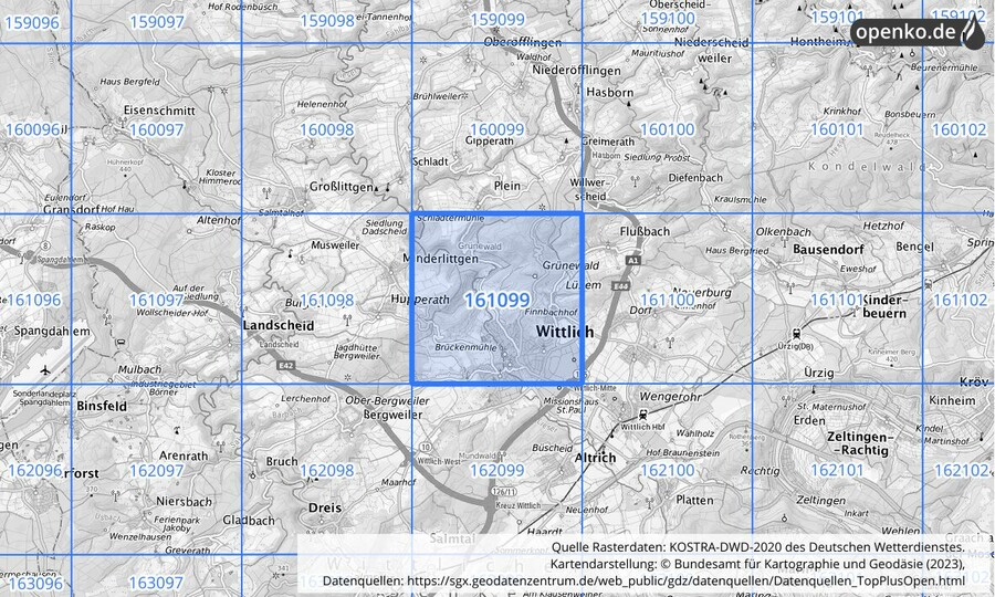 Übersichtskarte des KOSTRA-DWD-2020-Rasterfeldes Nr. 161099