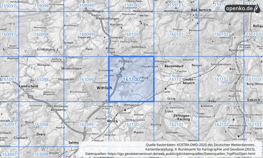 Übersichtskarte des KOSTRA-DWD-2020-Rasterfeldes Nr. 161100