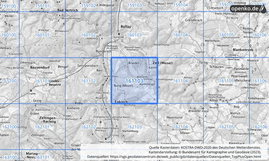 Übersichtskarte des KOSTRA-DWD-2020-Rasterfeldes Nr. 161103