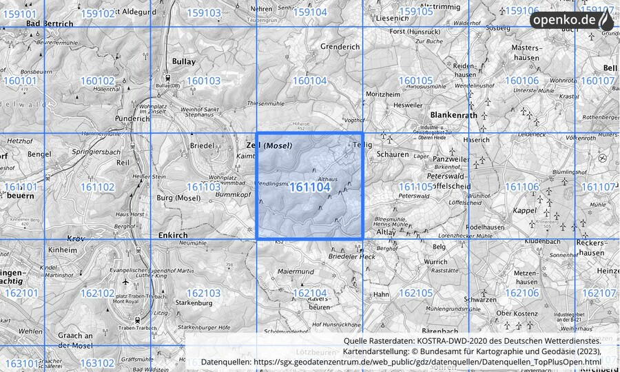 Übersichtskarte des KOSTRA-DWD-2020-Rasterfeldes Nr. 161104