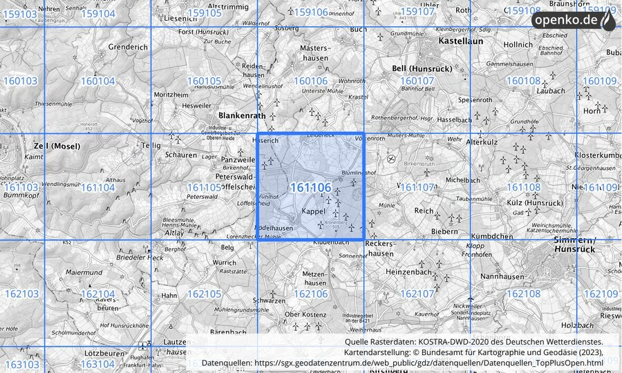 Übersichtskarte des KOSTRA-DWD-2020-Rasterfeldes Nr. 161106