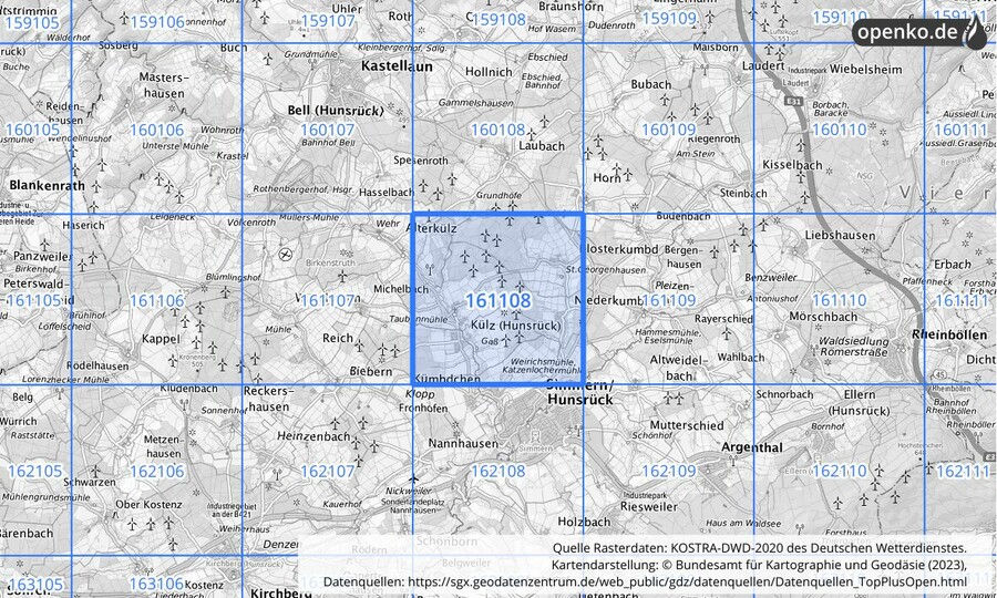 Übersichtskarte des KOSTRA-DWD-2020-Rasterfeldes Nr. 161108