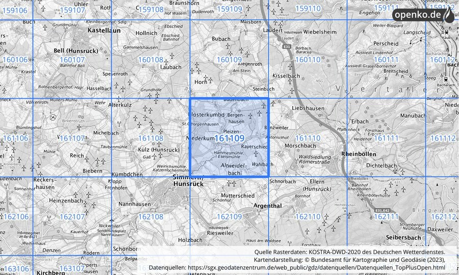Übersichtskarte des KOSTRA-DWD-2020-Rasterfeldes Nr. 161109