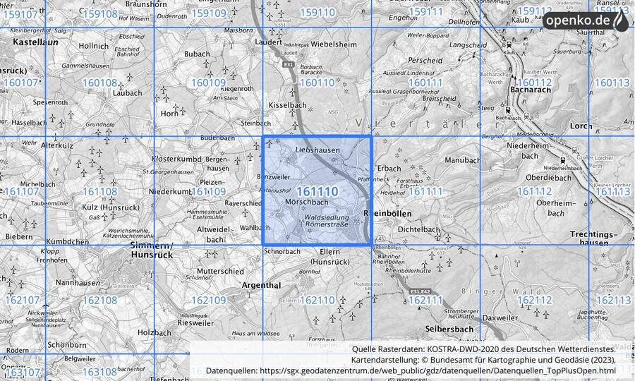 Übersichtskarte des KOSTRA-DWD-2020-Rasterfeldes Nr. 161110