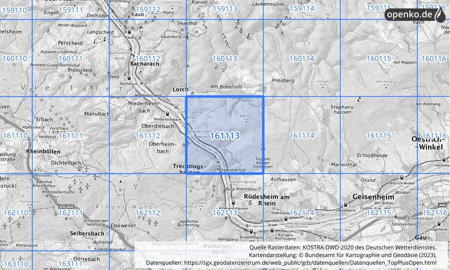 Übersichtskarte des KOSTRA-DWD-2020-Rasterfeldes Nr. 161113