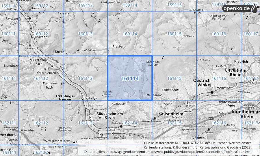 Übersichtskarte des KOSTRA-DWD-2020-Rasterfeldes Nr. 161114