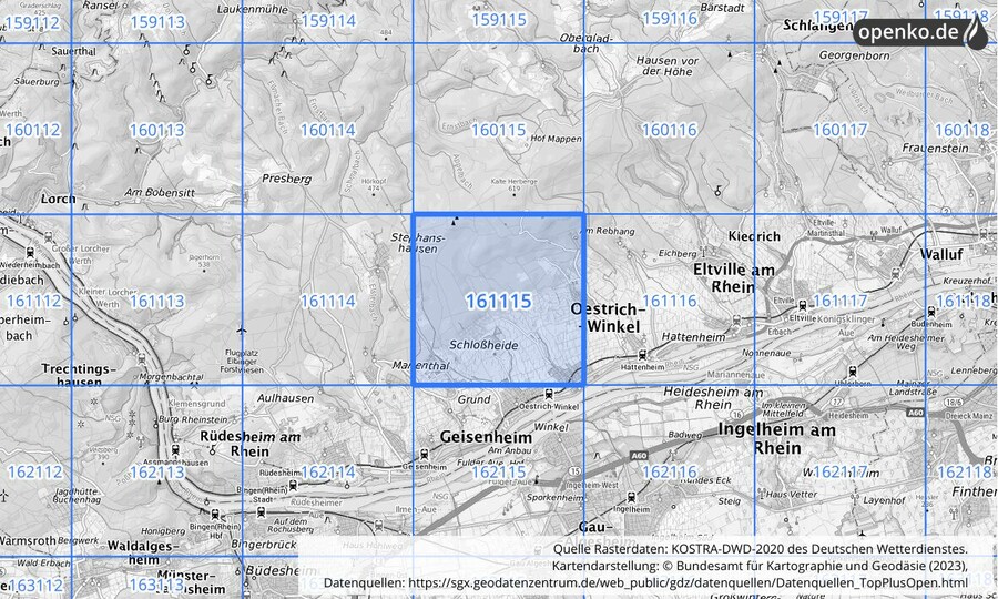 Übersichtskarte des KOSTRA-DWD-2020-Rasterfeldes Nr. 161115