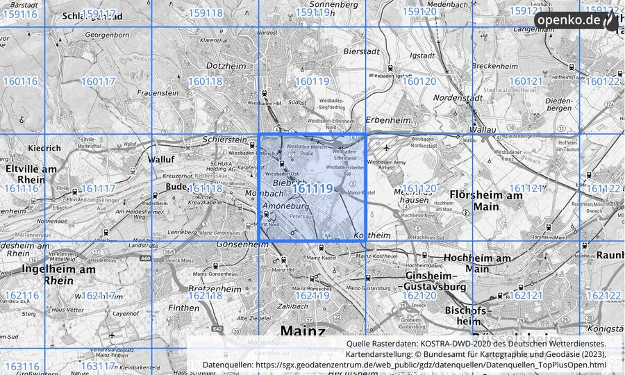 Übersichtskarte des KOSTRA-DWD-2020-Rasterfeldes Nr. 161119