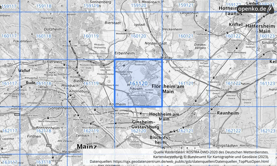 Übersichtskarte des KOSTRA-DWD-2020-Rasterfeldes Nr. 161120