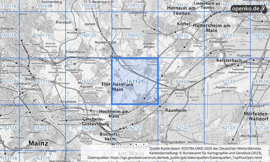 Übersichtskarte des KOSTRA-DWD-2020-Rasterfeldes Nr. 161121