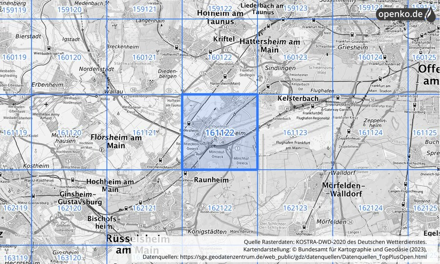 Übersichtskarte des KOSTRA-DWD-2020-Rasterfeldes Nr. 161122