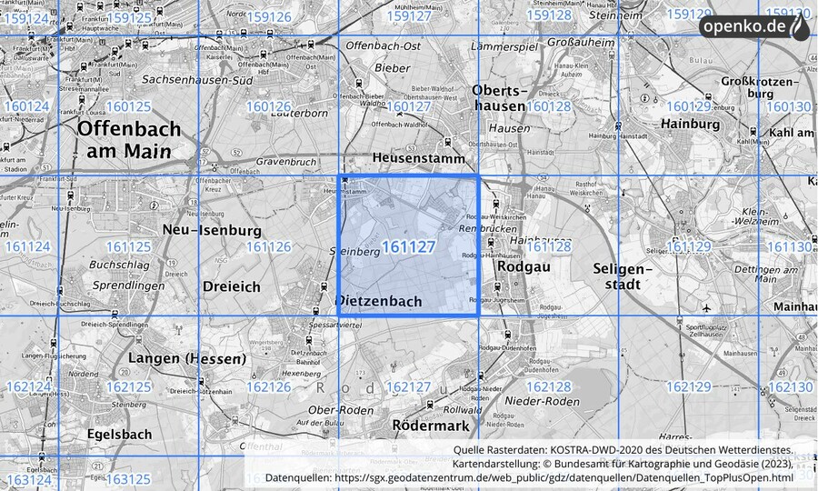 Übersichtskarte des KOSTRA-DWD-2020-Rasterfeldes Nr. 161127