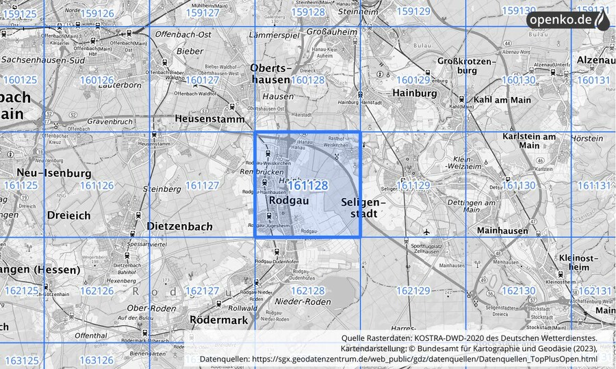 Übersichtskarte des KOSTRA-DWD-2020-Rasterfeldes Nr. 161128