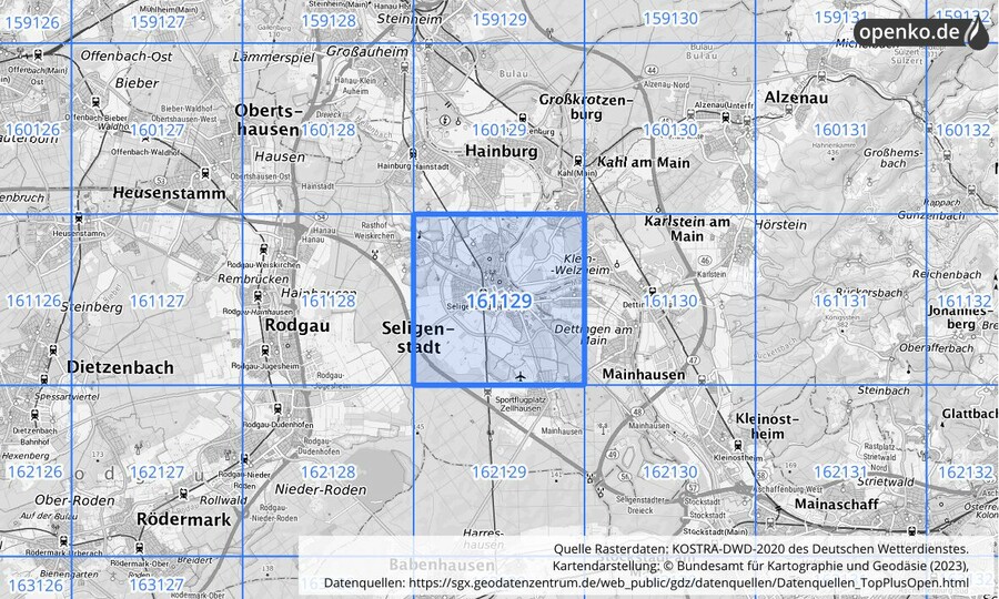 Übersichtskarte des KOSTRA-DWD-2020-Rasterfeldes Nr. 161129