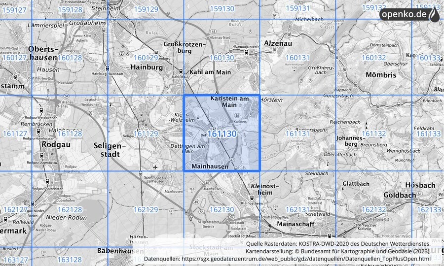 Übersichtskarte des KOSTRA-DWD-2020-Rasterfeldes Nr. 161130