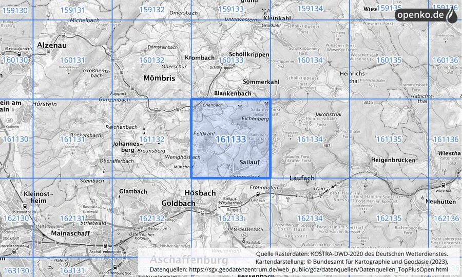 Übersichtskarte des KOSTRA-DWD-2020-Rasterfeldes Nr. 161133